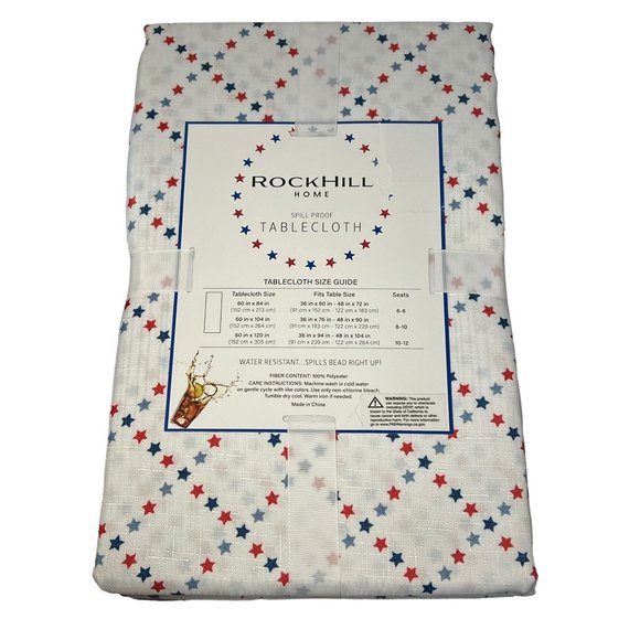 RockHill Home Tablecloth Red White Blue Stars Spillproof 104"x60" NWT - Picture 4 of 5